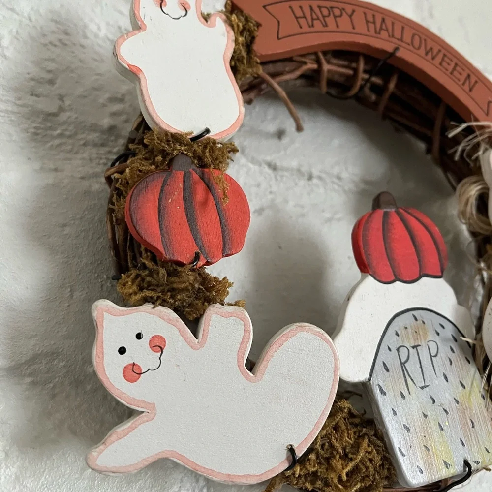Happy Halloween Grapevine Wreath Holiday Home Decor Ghost Pumpkin